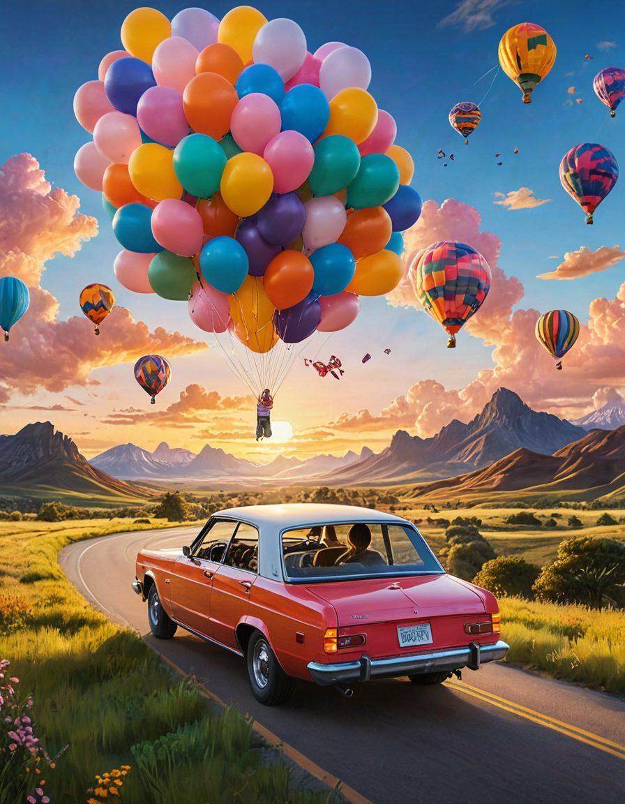 A serene open road meandering through lush green landscapes, with a joyful family in a bright, colorful car, windows down, laughter and sunshine pouring in. Include a radiant sun setting in the background, casting warm hues across the sky, symbolizing happiness and adventure. Add playful elements like floating balloons and happy clouds to enhance the joyful journey theme. super-realistic. vibrant colors. 3D.