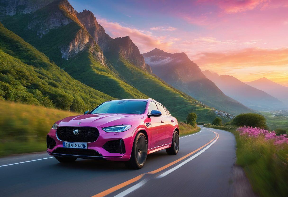 A scenic highway stretching through lush green mountains, featuring diverse cars parked alongside, each representing different styles from sleek sports cars to cozy family SUVs. Sunlight beams down creating a warm, inviting atmosphere, while the sky showcases a blend of vibrant blues and soft pinks at sunset. Include joyful people interacting with the cars, embodying a sense of adventure and freedom. super-realistic. vibrant colors. dynamic composition.